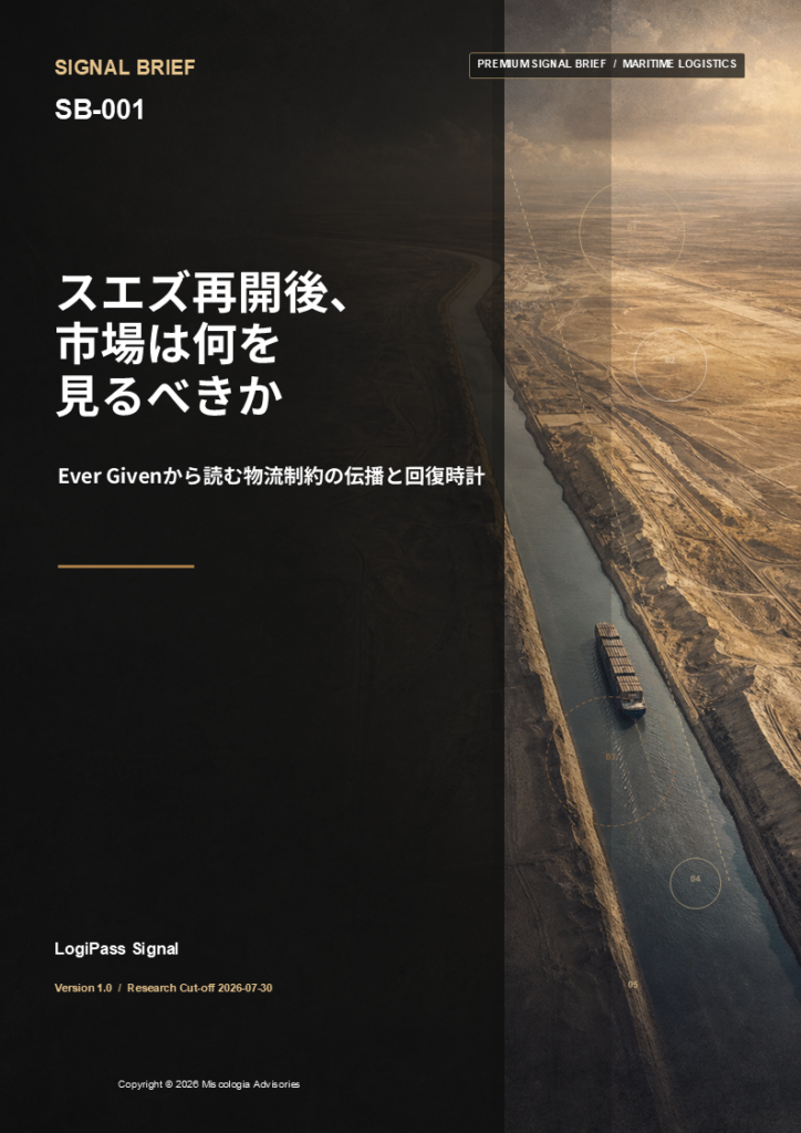 Signal Brief SB-001「スエズ再開後、市場は何を見るべきか―Ever Givenから読む物流制約の伝播と回復時計」の表紙。スエズ運河を航行するコンテナ船を俯瞰したビジュアル。